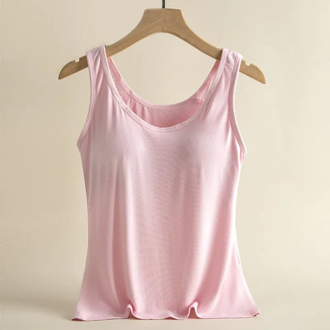 Clevvets Top Women's Vest Tops Round Neck Vests Solid Color Padded Slim Fit Tank Tops Sexy Feminino Casual Tank Tops With Built In Bras