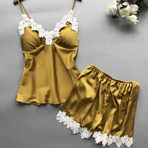 Clevvets Womens Loungewear Nightwear Lace Suspenders Loose High Waist Shorts Pajamas Two Piece Set for Women