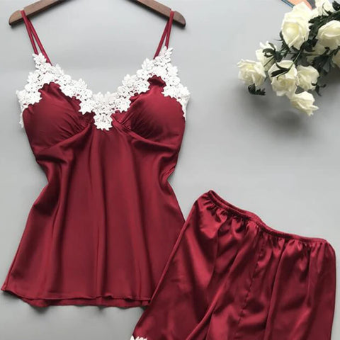 Clevvets Womens Loungewear Nightwear Lace Suspenders Loose High Waist Shorts Pajamas Two Piece Set for Women