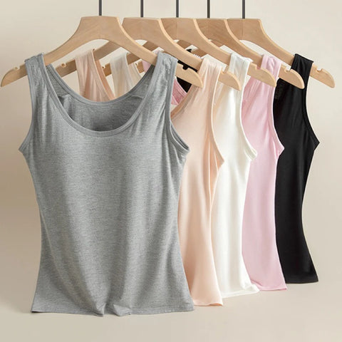 Clevvets Top Women's Vest Tops Round Neck Vests Solid Color Padded Slim Fit Tank Tops Sexy Feminino Casual Tank Tops With Built In Bras