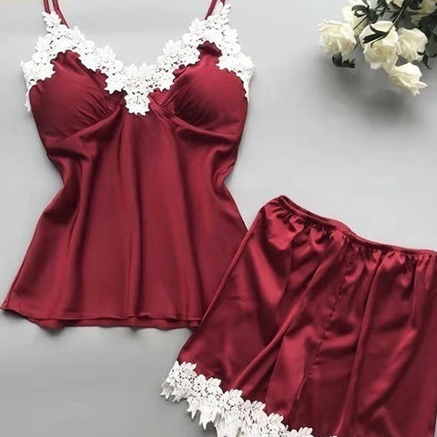Clevvets Womens Loungewear Nightwear Lace Suspenders Loose High Waist Shorts Pajamas Two Piece Set for Women
