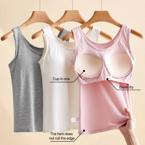 Clevvets Top Women's Vest Tops Round Neck Vests Solid Color Padded Slim Fit Tank Tops Sexy Feminino Casual Tank Tops With Built In Bras