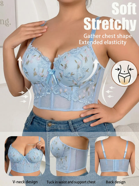 Clevvets Bras Women's Floral Embroidery Lace Push Up Bra with Underwire Longline Shaping Side Support Minimizer Comfortable Bra