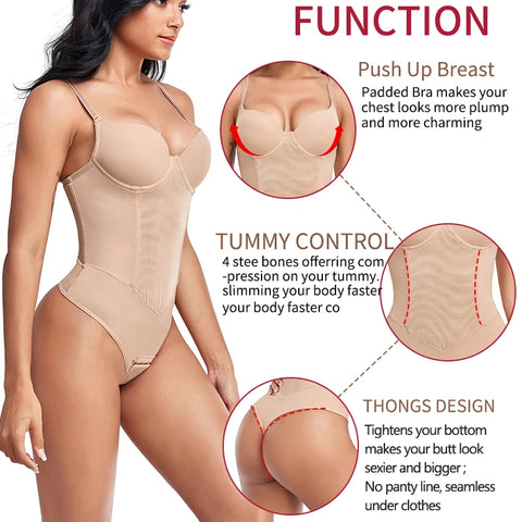 Clevvets Thongs Bodysuit Shapewear Women Full Body Shaper Waist Trainer Steel Bones Tummy Control Underwear Flat Belly Underbust Corset