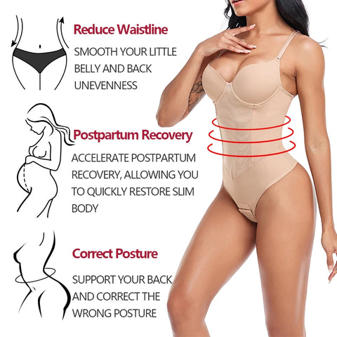 Clevvets Thongs Bodysuit Shapewear Women Full Body Shaper Waist Trainer Steel Bones Tummy Control Underwear Flat Belly Underbust Corset