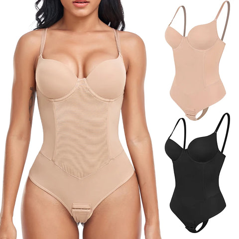 Clevvets Thongs Bodysuit Shapewear Women Full Body Shaper Waist Trainer Steel Bones Tummy Control Underwear Flat Belly Underbust Corset