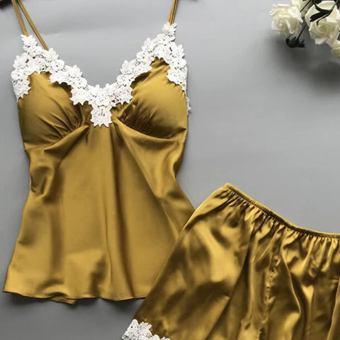 Clevvets Womens Loungewear Nightwear Lace Suspenders Loose High Waist Shorts Pajamas Two Piece Set for Women