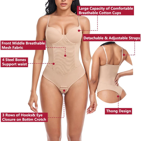 Clevvets Thongs Bodysuit Shapewear Women Full Body Shaper Waist Trainer Steel Bones Tummy Control Underwear Flat Belly Underbust Corset