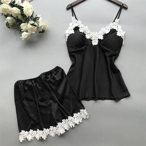 Clevvets Womens Loungewear Nightwear Lace Suspenders Loose High Waist Shorts Pajamas Two Piece Set for Women