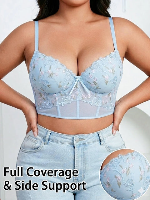 Clevvets Bras Women's Floral Embroidery Lace Push Up Bra with Underwire Longline Shaping Side Support Minimizer Comfortable Bra