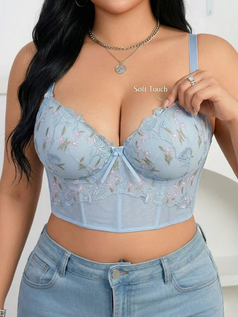 Clevvets Bras Women's Floral Embroidery Lace Push Up Bra with Underwire Longline Shaping Side Support Minimizer Comfortable Bra