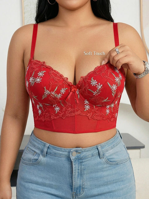 Clevvets Bras Women's Floral Embroidery Lace Push Up Bra with Underwire Longline Shaping Side Support Minimizer Comfortable Bra