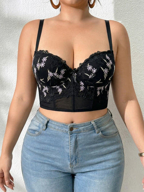 Clevvets Bras Women's Floral Embroidery Lace Push Up Bra with Underwire Longline Shaping Side Support Minimizer Comfortable Bra
