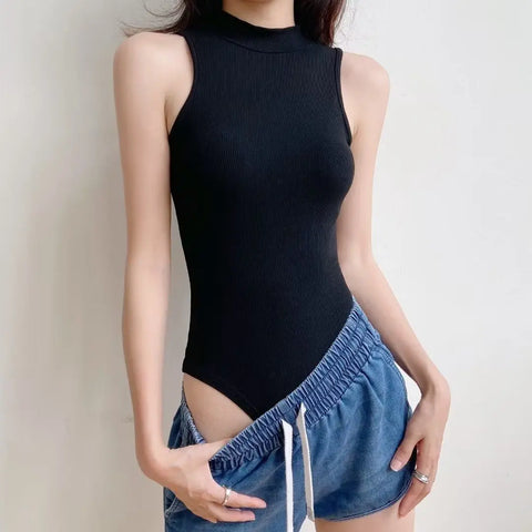 LANFEI Women Bodysuit Sexy Backless Ribbed Bodysuit Romper String Femme Sexy Sleeveless Tank Top Gloved Bodysuit Body Female