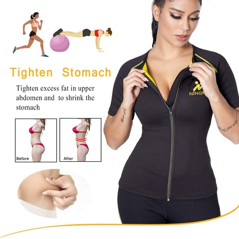 NINGMI Sauna Suit for Women Sweat - Zipper Neoprene Shirt Waist Trainer Womens Slimming Jacket Workout Body Slim Short Sleeve Gym