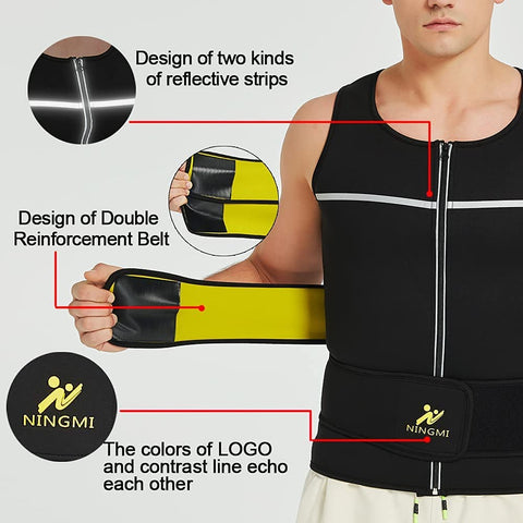 NINGMI Sauna Vest for Men 2 in 1 with Waist Trainer Sweat Workout Tank Top Neoprene Suit Zipper Shirt Slimming Belt Gym