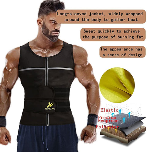 NINGMI Sauna Vest for Men 2 in 1 with Waist Trainer Sweat Workout Tank Top Neoprene Suit Zipper Shirt Slimming Belt Gym