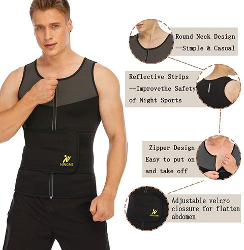NINGMI Sauna Vest with Waist Trainer for Men 2 in 1 Sweat Workout Jacket Body Shaper Belt Fitness Neoprene Top Sauna Suit