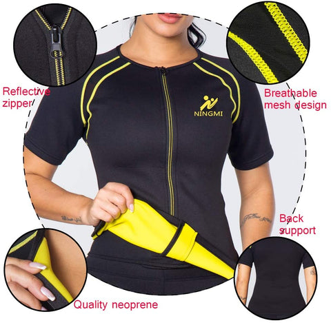 NINGMI Sauna Suit for Women Sweat - Zipper Neoprene Shirt Waist Trainer Womens Slimming Jacket Workout Body Slim Short Sleeve Gym