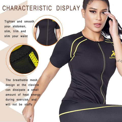 NINGMI Sauna Suit for Women Sweat - Zipper Neoprene Shirt Waist Trainer Womens Slimming Jacket Workout Body Slim Short Sleeve Gym