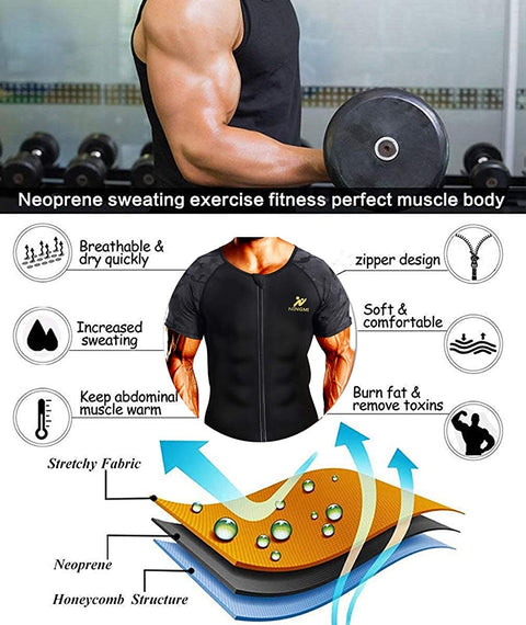 NINGMI Sauna Suit for Men Hot Sweat Suit Sauna Shirt Sweat Body Shaper Workout Neoprene Suit Zipper Short Sleeve