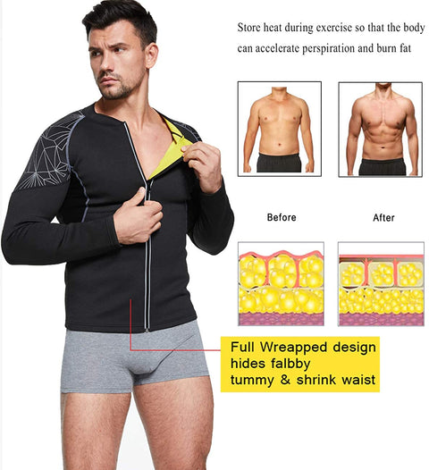 NINGMI Sauna Suit for Men Sweat Jacket Long Sleeve Workout Sauna Shirts Zipper Neoprene Gym Slimming Top Body Shaper