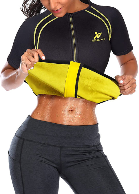 NINGMI Sauna Suit for Women Sweat - Zipper Neoprene Shirt Waist Trainer Womens Slimming Jacket Workout Body Slim Short Sleeve Gym