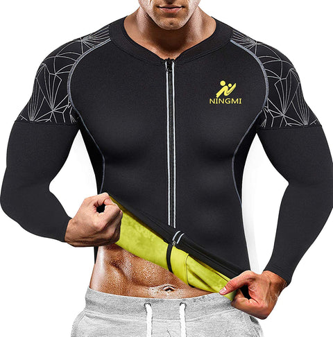 NINGMI Sauna Suit for Men Sweat Jacket Long Sleeve Workout Sauna Shirts Zipper Neoprene Gym Slimming Top Body Shaper