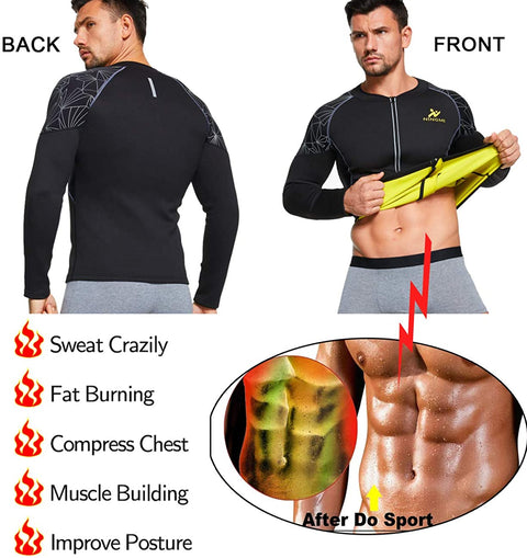 NINGMI Sauna Suit for Men Sweat Jacket Long Sleeve Workout Sauna Shirts Zipper Neoprene Gym Slimming Top Body Shaper