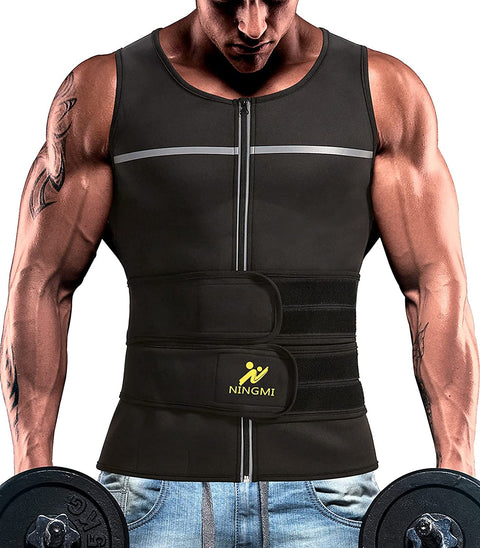 NINGMI Sauna Vest for Men 2 in 1 with Waist Trainer Sweat Workout Tank Top Neoprene Suit Zipper Shirt Slimming Belt Gym