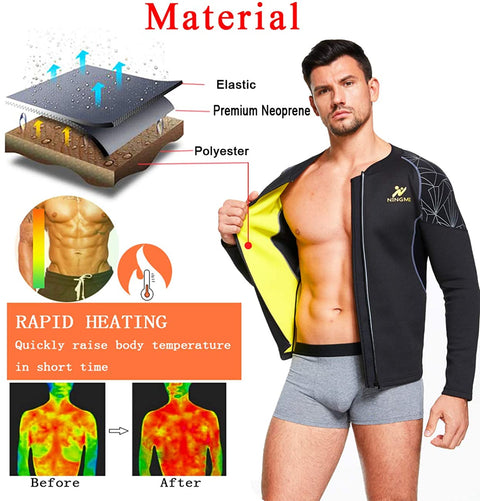 NINGMI Sauna Suit for Men Sweat Jacket Long Sleeve Workout Sauna Shirts Zipper Neoprene Gym Slimming Top Body Shaper