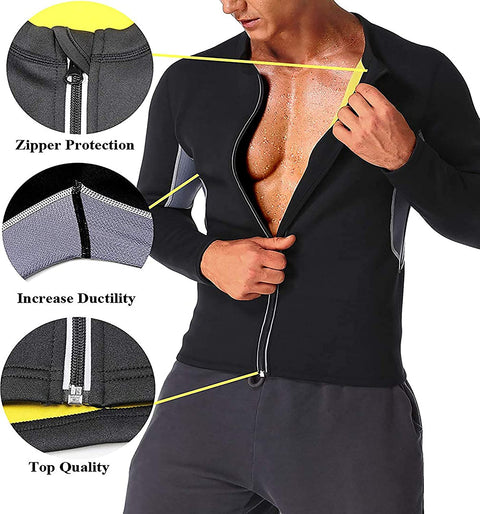 NINGMI Men Sauna Suit Neoprene Sweat Jacket Workout WeightLoss Long Sleeve Waist Trainer Body Shaper with Zipper