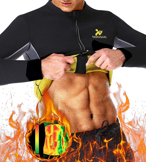 NINGMI Men Sauna Suit Neoprene Sweat Jacket Workout WeightLoss Long Sleeve Waist Trainer Body Shaper with Zipper
