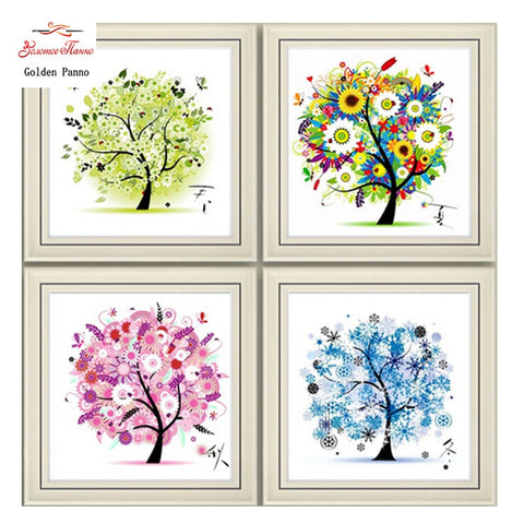 NINGMI Golden panno,Needlework,DIY DMC Cross stitch,Sets For Embroidery kit,four season tree cotton thread home Counted Cross-Stitching