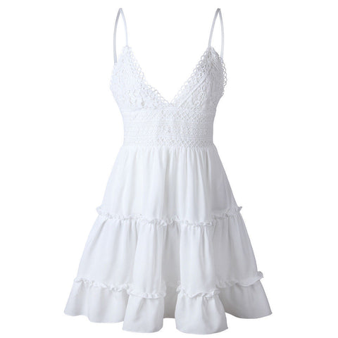 NINGMI Women Sexy Dress Summer Frocks Strappy Lace V-neck Dresses Female Beach Backless Bandage Party Sundress Mini Ruffle Dresses