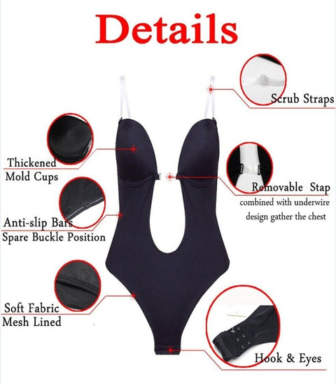 NINGMI Women Bodysuit Underwear Body Shaper Slips Backless Bra G-string Waist Trainer U Plunge Underdress Shapewear