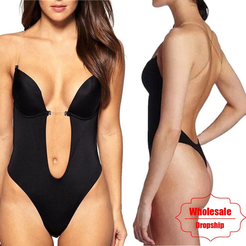 NINGMI Women Bodysuit Underwear Body Shaper Slips Backless Bra G-string Waist Trainer U Plunge Underdress Shapewear