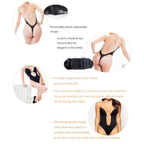 NINGMI Women Bodysuit Underwear Body Shaper Slips Backless Bra G-string Waist Trainer U Plunge Underdress Shapewear