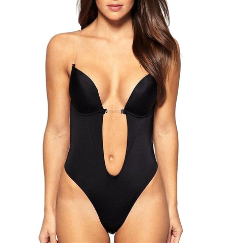 NINGMI Women Bodysuit Underwear Body Shaper Slips Backless Bra G-string Waist Trainer U Plunge Underdress Shapewear