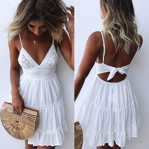 NINGMI Women Sexy Dress Summer Frocks Strappy Lace V-neck Dresses Female Beach Backless Bandage Party Sundress Mini Ruffle Dresses
