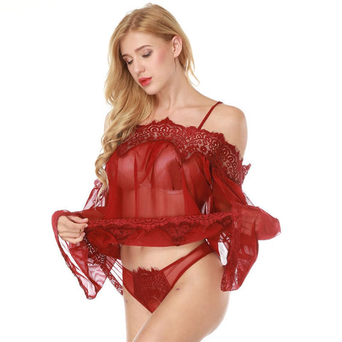 NINGMI Women Sexy Lingeries Nightgown See-through Lace Smock Thong Sleepwear Outfit Erotic Mesh Babydoll Off Shoulder Mini Dress